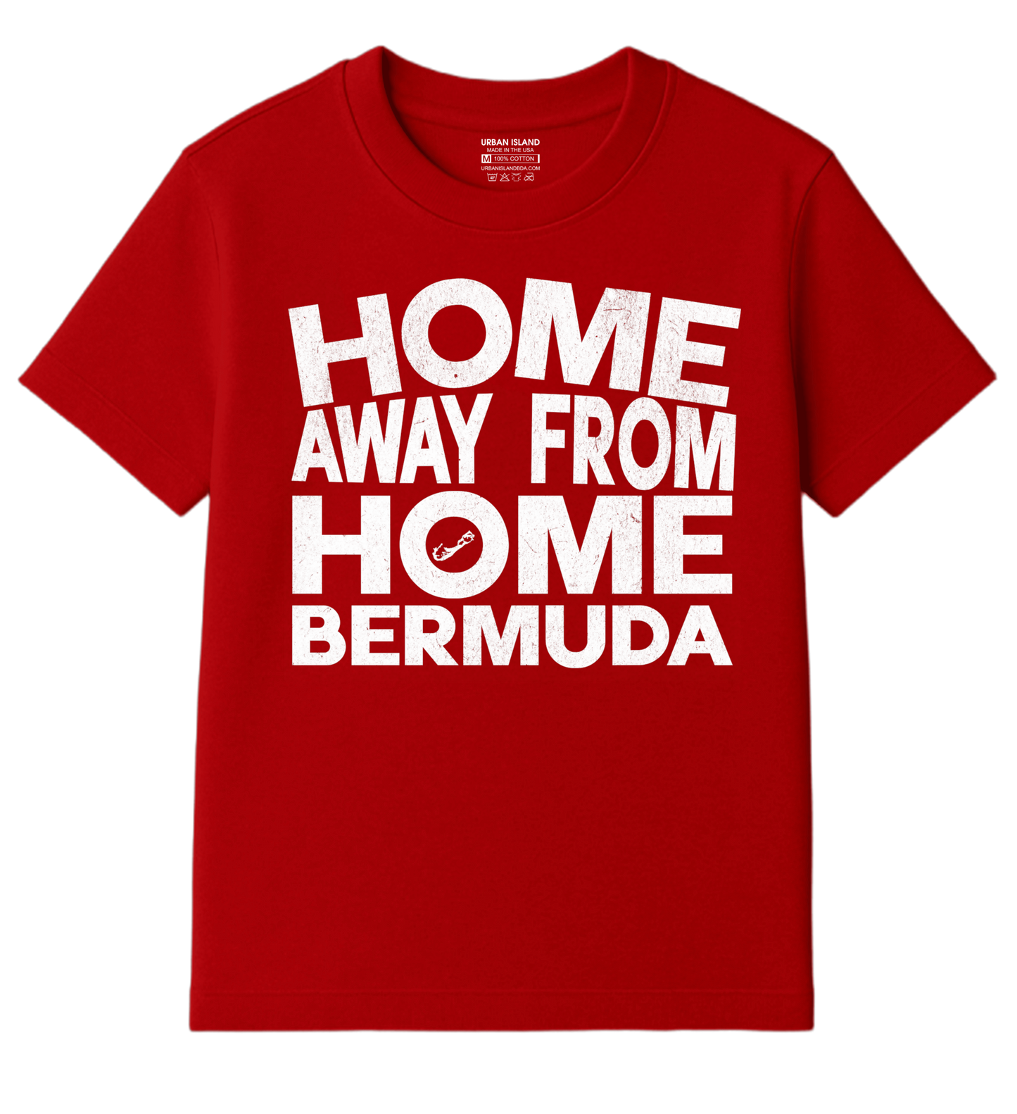 A red short-sleeve crewneck t-shirt with bold white text reading 'HOME AWAY FROM HOME BERMUDA' printed on the front, displayed against a plain white background.