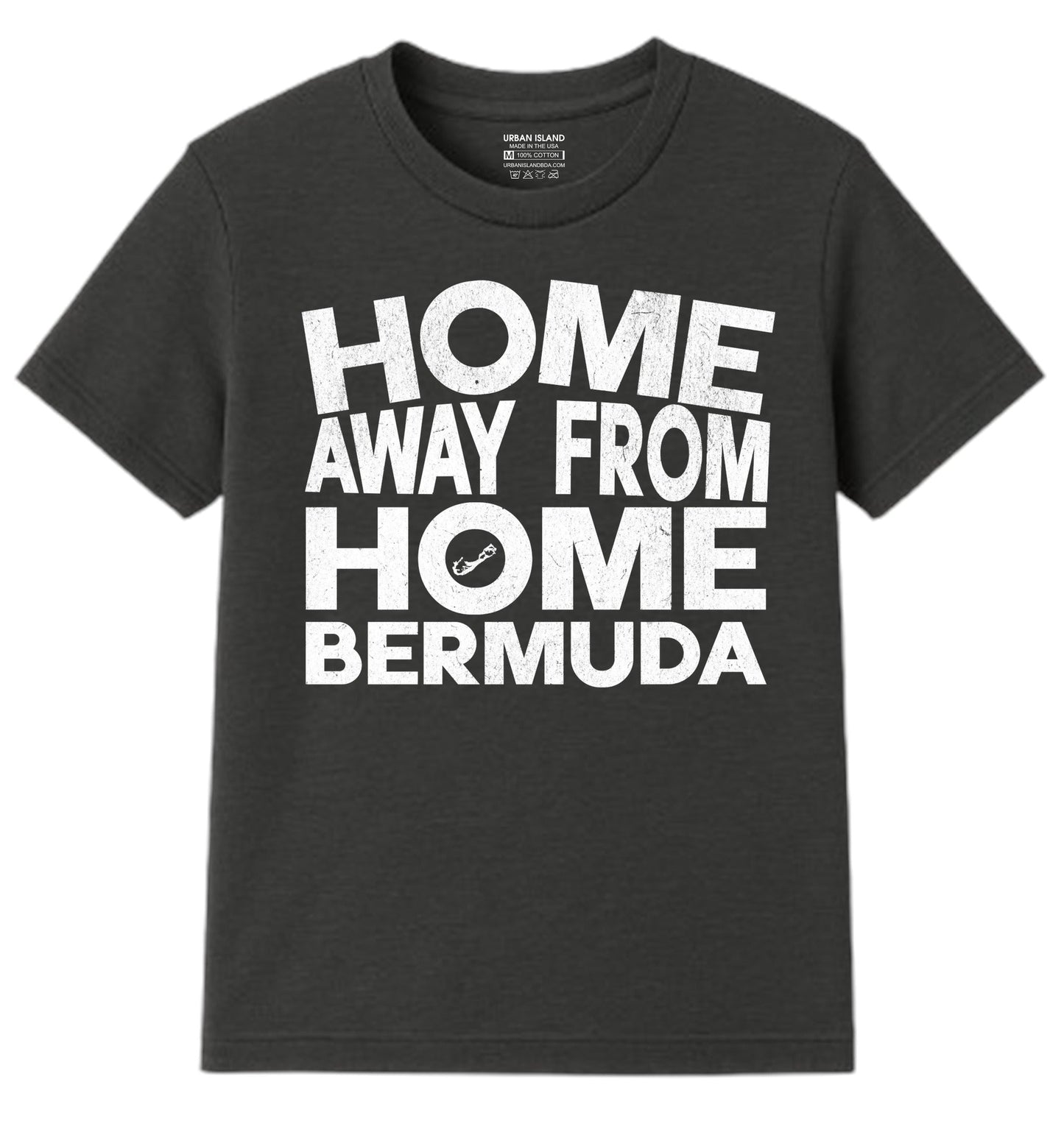 A dark gray short-sleeve t-shirt with a bold white graphic print on the front reading 'HOME AWAY FROM HOME BERMUDA' in stacked block letters.