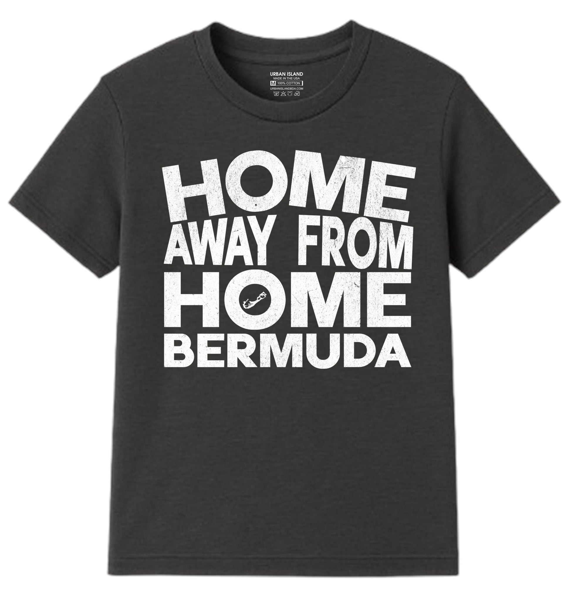 A dark gray short-sleeve t-shirt with a bold white graphic print on the front reading 'HOME AWAY FROM HOME BERMUDA' in stacked block letters.