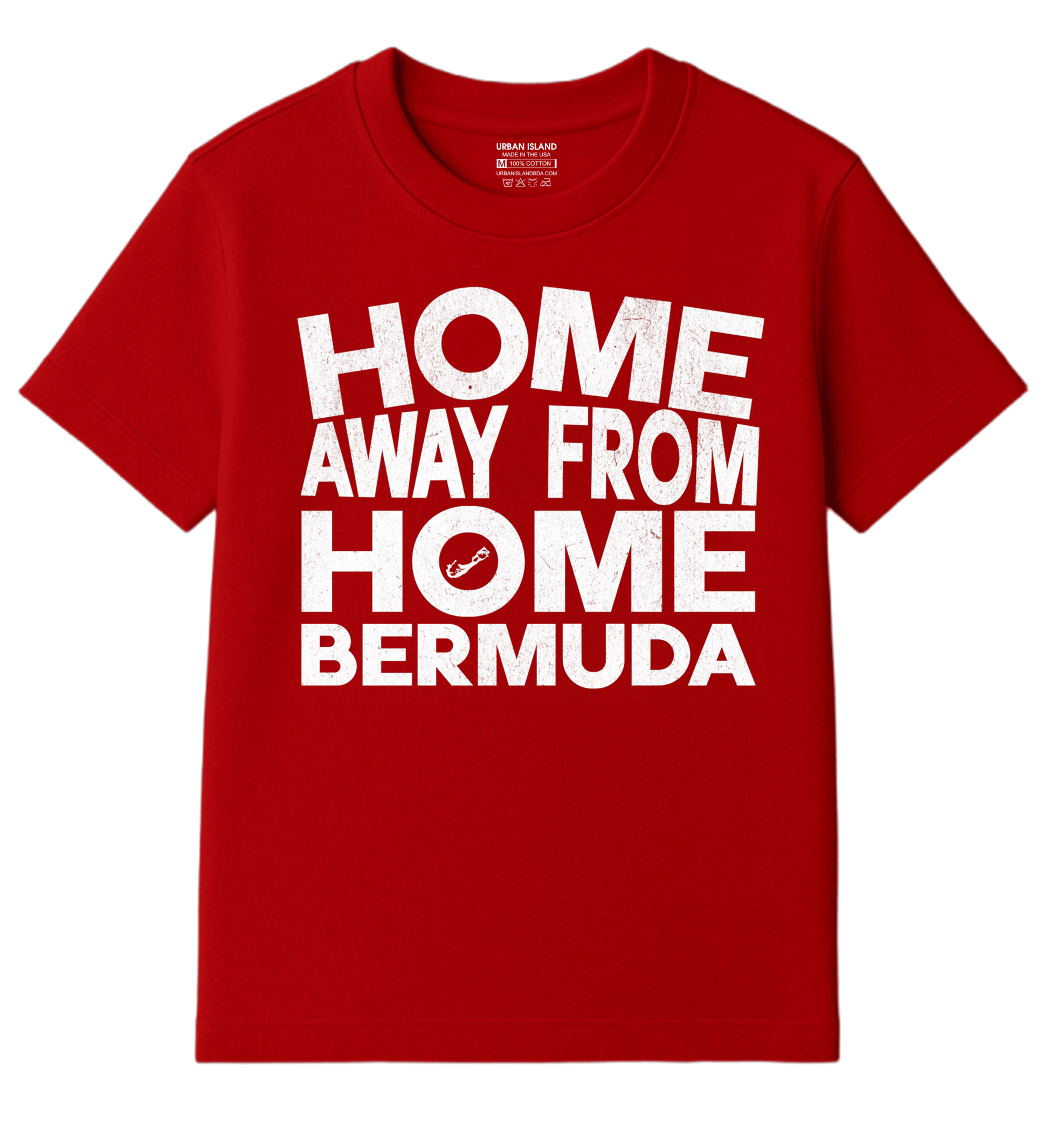 A red short-sleeve crewneck t-shirt with bold white text reading 'HOME AWAY FROM HOME BERMUDA' printed on the front, displayed against a plain white background.