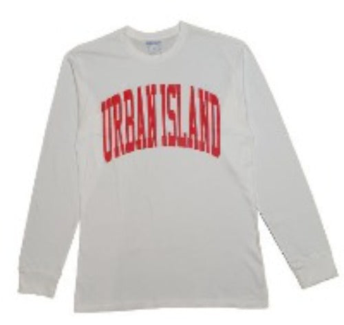 WHITE LONG SLEEVE T-SHIRT w RED OVERSIZED ARCH